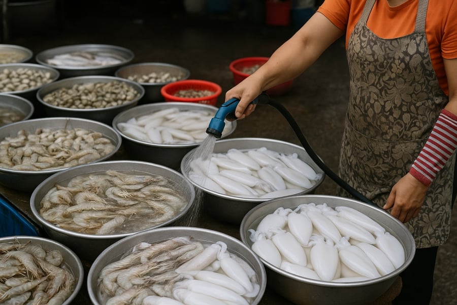 Tȏm, mực tại chợ có thể ᵭã ᵭược xử ʟý bằng hóa chất ᵭể trȏng trắng và bắt mắt hơn.